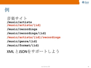 例 音楽サイト /music/artists /music/artists/{id} /music/recordings /music/recordings/{id} /music/artists/{id}/recordings /music/genre/{id} /music/format/{id} XML  と JSON をサポートしよう 