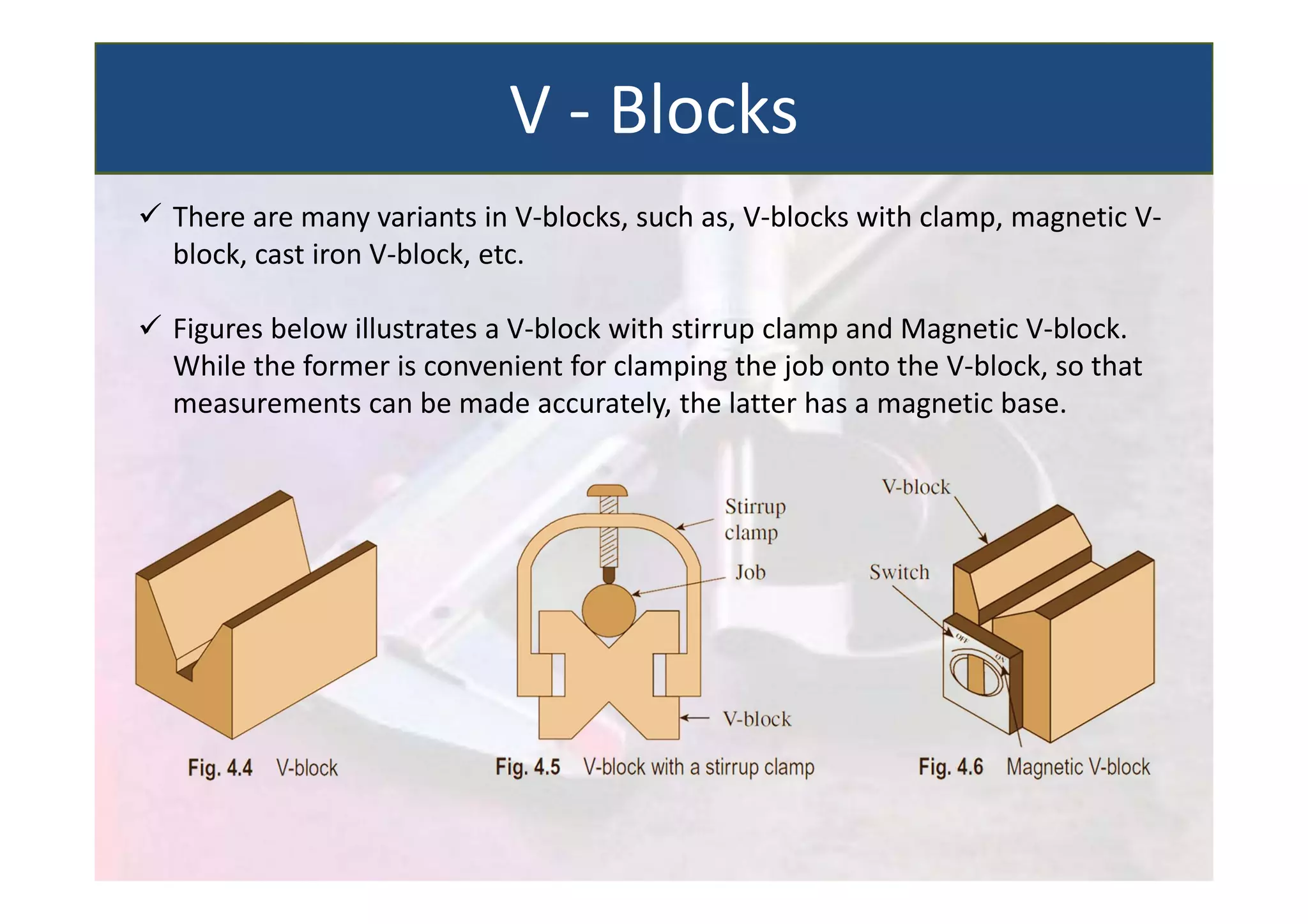  There are many variants in V‐blocks, such as, V‐blocks with clamp, magnetic V‐
block, cast iron V‐block, etc.
 Figures below illustrates a V‐block with stirrup clamp and Magnetic V‐block.
While the former is convenient for clamping the job onto the V‐block, so that
measurements can be made accurately, the latter has a magnetic base.
V ‐ Blocks
 