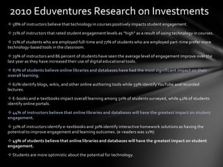 2010 Eduventures Research on Investments
 58% of instructors believe that technology in courses positively impacts student engagement.

 71% of instructors that rated student engagement levels as “high” as a result of using technology in courses.

 71% of students who are employed full-time and 77% of students who are employed part-time prefer more
technology-based tools in the classroom.

 79% of instructors and 86 percent of students have seen the average level of engagement improve over the
last year as they have increased their use of digital educational tools.

 87% of students believe online libraries and databases have had the most significant impact on their
overall learning.

 62% identify blogs, wikis, and other online authoring tools while 59% identify YouTube and recorded
lectures.

 E-books and e-textbooks impact overall learning among 50% of students surveyed, while 42% of students
identify online portals.

 44% of instructors believe that online libraries and databases will have the greatest impact on student
engagement.

 32% of instructors identify e-textbooks and 30% identify interactive homework solutions as having the
potential to improve engagement and learning outcomes. (e-readers was 11%)

 49% of students believe that online libraries and databases will have the greatest impact on student
engagement.

 Students are more optimistic about the potential for technology.
 