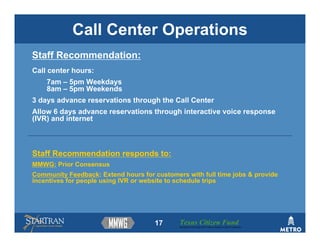 Call Center Operations
Staff Recommendation:
Call center hours:
    7am – 5pm Weekdays
    8am – 5pm Weekends
3 days advance reservations through the Call Center
Allow 6 days advance reservations through interactive voice response
(IVR) and internet



Staff Recommendation responds to:
MMWG: Prior Consensus
Community Feedback: Extend hours for customers with full time jobs & provide
incentives for people using IVR or website to schedule trips




                                     17      Texas Citizen Fund
                                             Building Partnerships that Connect People to Their Community
 