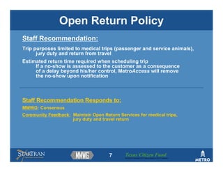 Open Return Policy
Staff Recommendation:
Trip purposes limited to medical trips (passenger and service animals),
      jury duty and return from travel
Estimated return time required when scheduling trip
     If a no-show is assessed to the customer as a consequence
     of a delay beyond his/her control, MetroAccess will remove
     the no-show upon notification



Staff Recommendation Responds to:
MMWG: Consensus
Community Feedback: Maintain Open Return Services for medical trips,
                    jury duty and travel return




                                      7      Texas Citizen Fund
                                             Building Partnerships that Connect People to Their Community
 