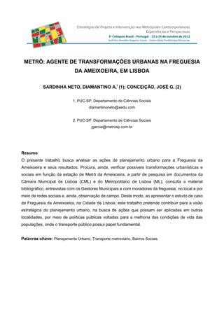 METRÔ AGENTE DE TRANSFORMAÇÕES URBANAS NA FREGUESIA DA AMEIXOEIRA, EM