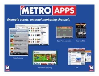 Example assets: external marke0ng channels 




                                           OpenFeint promotion   iAds + AdMob




   Apple featuring




                     OpenFeint featuring                         PR
 
