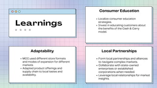 Learnings
Adaptability
MCC used different store formats
and modes of expansion for different
markets
Adapted product offerings and
supply chain to local tastes and
availability.
Consumer Education
Localize consumer education
strategies.
Invest in educating customers about
the benefits of the Cash & Carry
model.
Form local partnerships and alliances
to navigate complex markets.
Collaborate with state-owned
enterprises or established
corporations when needed.
Leverage local relationships for market
insights.
Local Partnerships
 