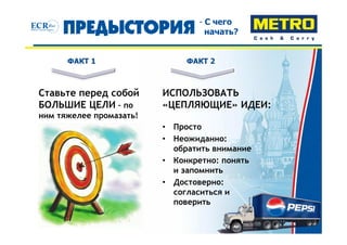 - С чего
                                  начать?


      ФАКТ 1                  ФАКТ 2



Ставьте перед собой      ИСПОЛЬЗОВАТЬ
БОЛЬШИЕ ЦЕЛИ – по        «ЦЕПЛЯЮЩИЕ» ИДЕИ:
ним тяжелее промазать!
                         • Просто
                         • Неожиданно:
                           обратить внимание
                         • Конкретно: понять
                           и запомнить
                         • Достоверно:
                           согласиться и
                           поверить
 