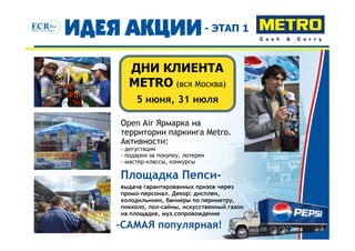 - ЭТАП 1


  ДНИ КЛИЕНТА
  METRO (вся Москва)
     5 июня, 31 июля

Open Air Ярмарка на
территории паркинга Metro.
Активности:
- дегустации
- подарки за покупку, лотереи
- мастер-классы, конкурсы

Площадка Пепси-
выдача гарантированных призов через
промо-персонал. Декор: дисплеи,
холодильники, баннеры по периметру,
пикколо, пол-сайны, искусственный газон
на площадке, муз.сопровождение

-САМАЯ популярная!
 