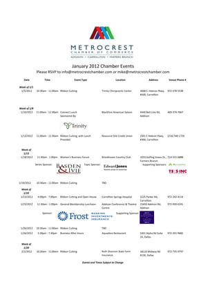 January 2012 Chamber Events
               Please RSVP to info@metrocrestchamber.com or mike@metrocrestchamber.com
   Date               Time                    Event Type                              Location                      Address          Venue Phone #

Week of 1/1
 1/5/2012      10:30am - 11:00am Ribbon Cutting                           Trinity Chiropractic Center        3008 E. Hebron Pkwy,   972-478-5538
                                                                                                             #500, Carrollton



Week of 1/8
 1/10/2012     11:00am - 12:30pm Connect Lunch                            BlackFinn American Saloon          4440 Belt Line Rd,     469-374-7667
                                 Sponsored By:                                                               Addison




 1/12/2012     11:00am - 11:30am Ribbon Cutting, with Lunch               Resource One Credit Union          2501 E Hebron Pkwy,    (214) 540-1726
                                 Provided                                                                    #300, Carrollton


  Week of
   1/15
 1/18/2012     11:30am - 1:00pm Women's Business Forum                    Brookhaven Country Club            3333 Golfing Green Dr., 214-531-6888
                                                                                                             Farmers Branch
              Series Sponsor:                            Topic Sponsor:                                        Supporting Sponsors:




1/19/2012      10:30am - 11:00am Ribbon Cutting                           TBD

  Week of
   1/22
 1/23/2012      4:00pm - 7:00pm   Ribbon Cutting and Open House           Carrollton Springs Hospital        2225 Parker Rd,        972-242-4114
                                                                                                             Carrollton
 1/25/2012     11:30am - 1:00pm General Membership Luncheon               Addison Conference & Theatre       15650 Addison Rd,      972-450-6241
                                                                          Centre                             Addison
                    Sponsor:                                                           Supporting Sponsor:




 1/26/2012     10:30am - 11:00am Ribbon Cutting                           TBD
 1/26/2012      5:30pm - 7:30pm   Business After Hours                    Aquadora Restaurant                5301 Alpha Rd Suite    972-201-9682
                                                                                                             24, Dallas

 Week of
   1/29
 2/2/2012      10:30am - 11:00am Ribbon Cutting                           Ruth Shannon State Farm            18110 Midway Rd        972-735-9797
                                                                          Insurance                          #130, Dallas

                                                    Events and Times Subject to Change
 