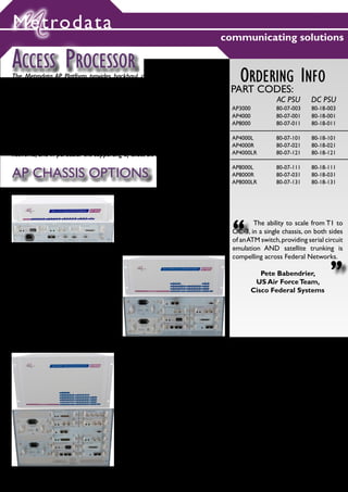 Metrodata
                                                                                        communicating solutions

ACCESS PROCESSOR
The Metrodata AP Platform provides backhaul, concentration and multiplexing
capability, interfacing between Telco services, LAN / IP and serial infrastructures
                                                                                                  ORDERING INFO
such as Satcom or serial encryption                                                         PART CODES:
The AP Platform supports all common North American and European Interfaces
                                                                                                                AC PSU        DC PSU
                                                                                                AP3000          80-07-003     80-18-003
such as T1, E1, E2, E3, DS-3, OC-3/STM-1. It can be used as a small ATM Switch,                 AP4000          80-07-001     80-18-001
an Access Concentrator of non-ATM Services, or even as an interface converter.                  AP8000          80-07-011     80-18-011

With the addition of specialist modules for Satellite and Defense interfacing, the AP           AP4000L         80-07-101     80-18-101
Platform becomes a small backbone switch for integrating satellite and terrestrial              AP4000R         80-07-021     80-18-021
networks, and in particular the supporting of exact bit rates.                                  AP4000LR        80-07-121     80-18-121

                                                                                                AP8000L         80-07-111     80-18-111
AP CHASSIS OPTIONS                                                                              AP8000R
                                                                                                AP8000LR
                                                                                                                80-07-031
                                                                                                                80-07-131
                                                                                                                              80-18-031
                                                                                                                              80-18-131




                                                AP3000: 3 SLOT CHASSIS

                                                                                                “
                                                                                                	       The ability to scale from T1 to
                                                                                                OC-3, in a single chassis, on both sides
                                                                                                of an ATM switch, providing serial circuit
                                                                                                emulation AND satellite trunking is
                                                                                                compelling across Federal Networks.
                                                                                                                                     “
                                                                                                            Pete Babendrier,
AP4000: 4 SLOT CHASSIS                                                                                    US Air Force Team,
AP4000L LITE VERSION (5 SLOTS)                                                                           Cisco Federal Systems
AP4000R REDUNDANT PSU VERSION (4 SLOTS)
AP4000LR LITE REDUNDANT PSU VERSION (5 SLOTS)




                                                AP8000: 8 SLOT CHASSIS
                                                AP8000L LITE VERSION (9 SLOTS)
                                                AP8000R REDUNDANT PSU VERSION (8 SLOTS)
                                                AP8000LR LITE REDUNDANT PSU VERSION (9 SLOTS)




                                                                                                                                    12
 