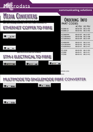 Metrodata
                                                                                    communicating solutions

MEDIA CONVERTERS
Metrodata have a wide range of products for transporting various technologies               ORDERING INFO
over fibre including Ethernet, STM-1/OC-3 and STM-4/OC-12.                              PART CODES:
                                                                                                          AC PSU DC PSU
ETHERNET COPPER TO FIBRE                                                               FC5000 SX          80-05-934   80-21-934
                                                                                       FC5000 LX          80-05-935   80-21-935
                    FC5000:
                    CONVERSION FROM 10/100/1000BASE-T TO 1000BASE-X                    FC7000/MM          80-05-937   80-21-937
                    SFP MODULE FOR 1000BASE-SX OR 1000BASE-LX
                    1000BASE-SX = 550M OVER MULTIMODE                                  FC7100/SMSH        80-05-938   80-21-938
                    1000BASE-LX = 10KM OVER SINGLEMODE                                 FC7200/SMLH        80-05-939   80-21-939
                    LINK STATE FORWARDING
                    ZERO TOUCH, PLUG AND PLAY INTERFACE
                                                                                       FC4000/MM          80-05-915   80-21-915
                    FC7X00:                                                            FC4100/SMSH        80-05-916   80-21-916
                    CONVERSION FROM 10/100BASE-T TO 100BASE-FX                         FC4200/SMLH        80-05-917   80-21-917
                    AVAILABLE IN MULTIMODE OR SINGLEMODE VARIANTS
                    UP TO 70K ON SINGLEMODE LONG HAUL
                    LINK STATE FORWARDING                                              FC-GIGE            80-05-923   80-21-923
                    ZERO TOUCH, PLUG AND PLAY INTERFACE                                FC2000             80-05-911   80-21-911
                                                                                       FC2500             80-05-912   80-21-912
STM-1 ELECTRICAL TO FIBRE

FC4000:                          FC4100:                              FC4200:
STM-1/OC-3 BNC                   STM-1/OC-3 BNC                       STM-1/OC-3 BNC
ELECTRICAL TO MULTIMODE          ELECTRICAL TO SINGLEMODE SHORT       ELECTRICAL TO SINGLEMODE LONG
PLUG AND PLAY INTERFACE          HAUL                                 HAUL
                                 PLUG AND PLAY INTERFACE              PLUG AND PLAY INTERFACE



MULTIMODE TO SINGLEMODE FIBRE CONVERTER

FC2000:                                              FC2500:
STM-1/OC-3 MULTIMODE TO SINGLEMODE SHORT HAUL        STM-1/OC-3 MULTIMODE TO SINGLEMODE LONG HAUL
100BASEFX MULTIMODE TO SINGLEMODE SHORT HAUL         100BASEFX MULTIMODE TO SINGLEMODE LONG HAUL
PLUG AND PLAY INTERFACE                              PLUG AND PLAY INTERFACE



                                                                                       “
                                                                                       	      This was a very rush job, and we
                                                                                       were delighted with the speed & quality
                                                                                       of the pre-sales technical support we
                                                                                       got from Metrodata, in particular the
                                                                                                                           “
FC-GigE:                                                                               same day delivery achieved on two
MEDIA CONVERSION BETWEEN 1000BASE-SX & 1000BASE-LX
850NM TO 1300NM WAVELENGTH CONVERSION
                                                                                       separate orders.
1000BASE-LX = 10K OVER SINGLEMODE
ZERO TOUCH, PLUG AND PLAY INTERFACE
                                                                                         Engineering Operations Dept,
                                                                                                 RAF Henlow




                                                                                                                           7
 