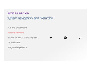 METRO THE RIGHT WAY

system navigation and hierarchy

hub and spoke model

trust the hardware

avoid traps loops, phantom pages

be predictable

integrated experiences
 