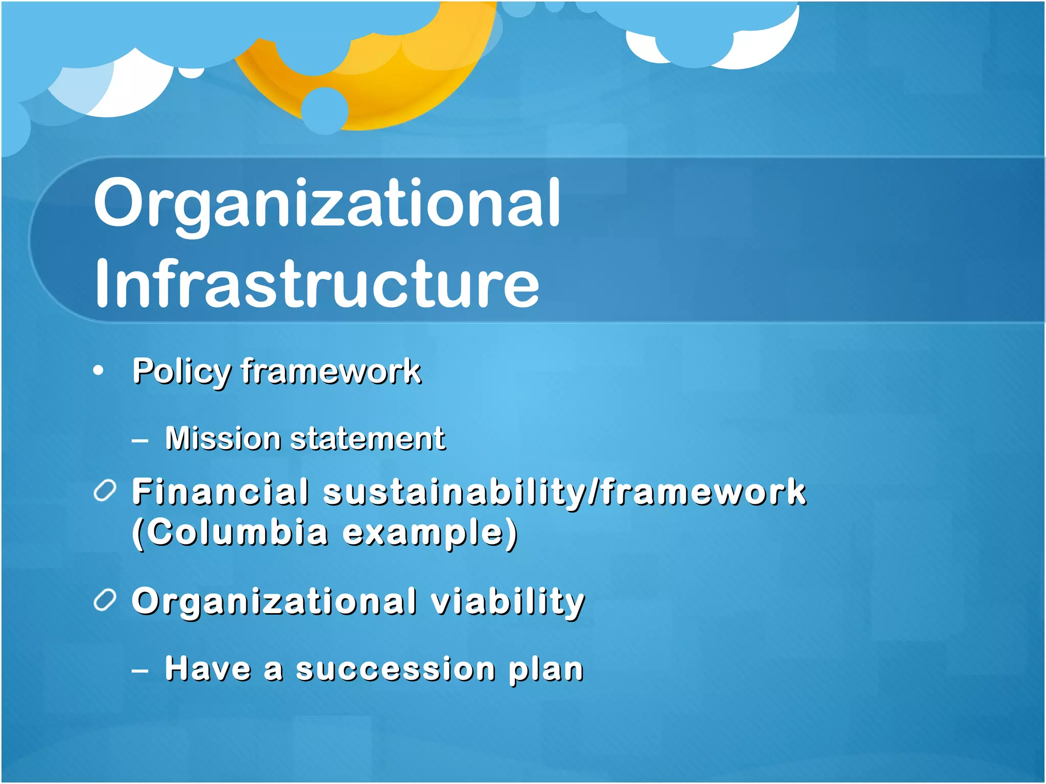 Organizational Infrastructure Policy framework Mission statement Financial sustainability/framework (Columbia example) Organizational viability Have a succession plan 