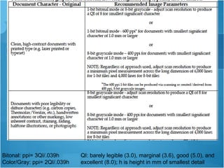 Bitonal: ppi= 3QI/.039h Color/Gray: ppi= 2QI/.039h  QI: barely legible (3.0), marginal (3.6), good (5.0), and excellent (8.0); h is height in mm of smallest detail  