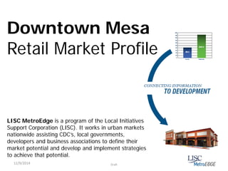 Draft
Downtown Mesa
Retail Market Profile
LISC MetroEdge is a program of the Local Initiatives
Support Corporation (LISC). It works in urban markets
nationwide assisting CDC’s, local governments,
developers and business associations to define their
market potential and develop and implement strategies
to achieve that potential.
12/9/2014
 