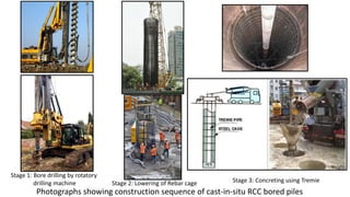 Stage 1: Bore drilling by rotatory
drilling machine Stage 2: Lowering of Rebar cage Stage 3: Concreting using Tremie
Photographs showing construction sequence of cast-in-situ RCC bored piles
 