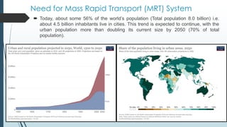 Need for Mass Rapid Transport (MRT) System
 Today, about some 56% of the world’s population (Total population 8.0 billion) i.e.
about 4.5 billion inhabitants live in cities. This trend is expected to continue, with the
urban population more than doubling its current size by 2050 (70% of total
population).
 
