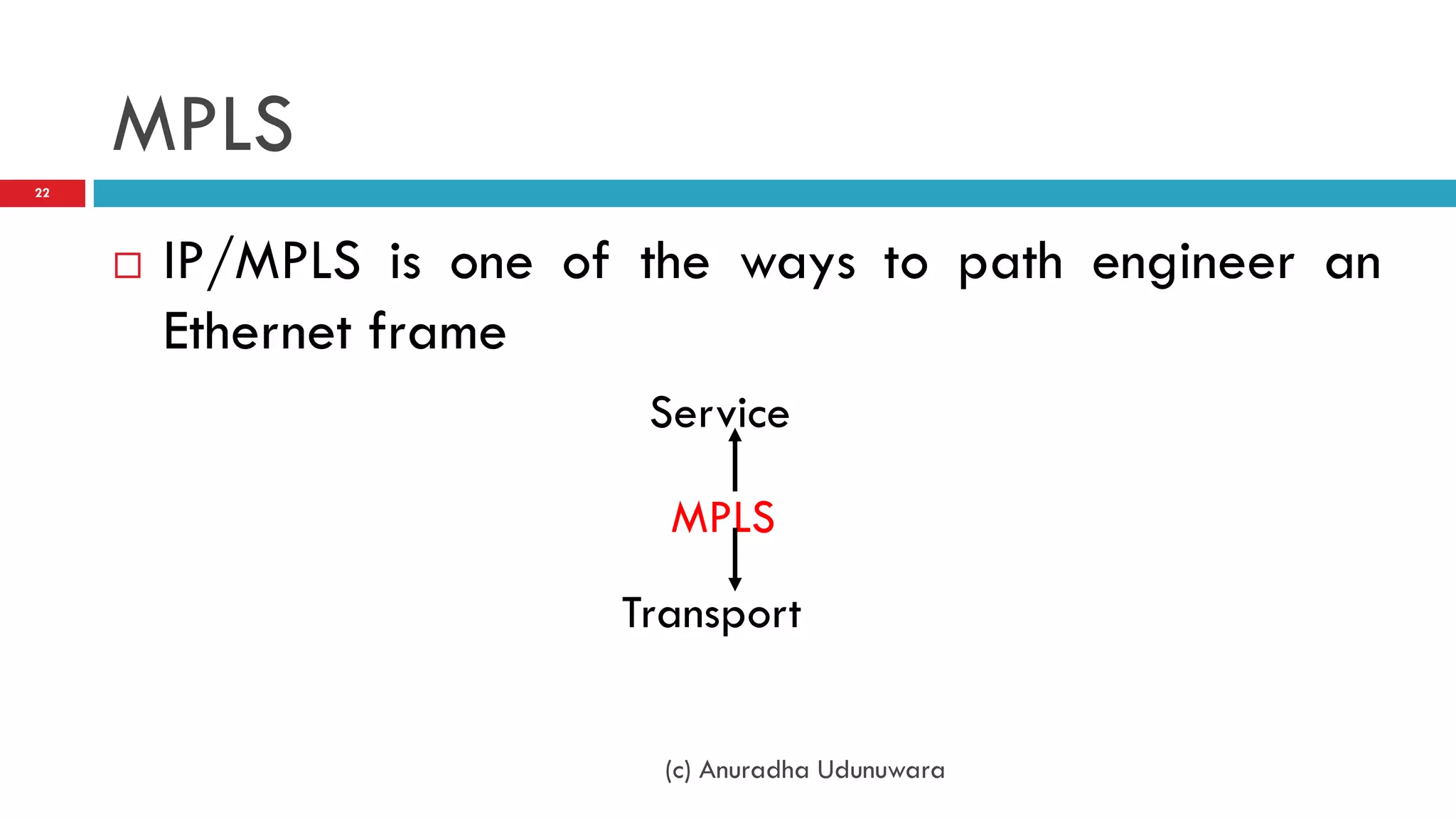 MPLS
22




        IP/MPLS is one of the ways to path engineer an
         Ethernet frame
                           Service

                            MPLS
                          Transport


                            (c) Anuradha Udunuwara
 