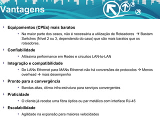Equipamentos (CPEs) mais baratos Na maior parte dos casos, não é necessária a utilização de Roteadores    Bastam Switches (Nível 2 ou 3, dependendo do caso) que são mais baratos que os roteadores. Confiabilidade Altíssima performance em Redes e circuitos LAN-to-LAN Integração e compatibilidade De LANs Ethernet para MANs Ethernet não há conversões de protocolos    Menos overhead    mais desempenho Pronto para a convergência Bandas altas, ótima infra-estrutura para serviços convergentes Praticidade O cliente já recebe uma fibra óptica ou par metálico com interface RJ-45 Escalabilidade Agilidade na expansão para maiores velocidades  Vantagens 