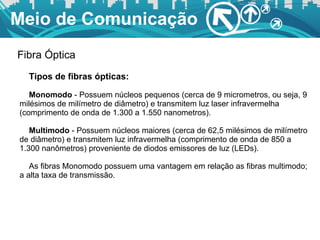 Meio de Comunicação Tipos de fibras ópticas: Monomodo  - Possuem núcleos pequenos (cerca de 9 micrometros, ou seja, 9 milésimos de milímetro de diâmetro) e transmitem luz laser infravermelha (comprimento de onda de 1.300 a 1.550 nanometros).  Multimodo  - Possuem núcleos maiores (cerca de 62,5 milésimos de milímetro de diâmetro) e transmitem luz infravermelha (comprimento de onda de 850 a 1.300 nanômetros) proveniente de diodos emissores de luz (LEDs).  As fibras Monomodo possuem uma vantagem em relação as fibras multimodo; a alta taxa de transmissão. Fibra Óptica 