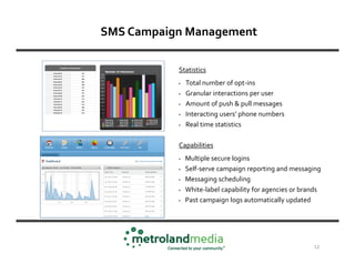 SMS Campaign Management

           Statistics
           •   Total number of opt-ins
           •   Granular interactions per user
           •   Amount of push & pull messages
           •   Interacting users’ phone numbers
           •   Real time statistics

           Capabilities
           •   Multiple secure logins
           •   Self-serve campaign reporting and messaging
           •   Messaging scheduling
           •   White-label capability for agencies or brands
           •   Past campaign logs automatically updated




                                                         12
 