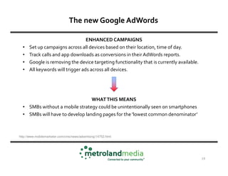 The new Google AdWords

                                  ENHANCED CAMPAIGNS
  •   Set up campaigns across all devices based on their location, time of day.
  •   Track calls and app downloads as conversions in their AdWords reports.
  •   Google is removing the device targeting functionality that is currently available.
  •   All keywords will trigger ads across all devices.




                                 WHAT THIS MEANS
  • SMBs without a mobile strategy could be unintentionally seen on smartphones
  • SMBs will have to develop landing pages for the 'lowest common denominator’



http://www.mobilemarketer.com/cms/news/advertising/14752.html




                                                                                           19
 
