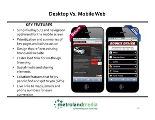Desktop Vs. Mobile Web
        KEY FEATURES
• Simplified layouts and navigation
  optimized for the mobile screen
• Prioritization and summaries of
  key pages and calls to action
• Design that reflects existing
  brand and website
• Faster load time for on-the-go
  browsing
• Social media and sharing
  elements
• Location features that helps
  people find and get to you (GPS)
• Live links to maps, emails and
  phone numbers for easy
  conversion


                                                 26
 