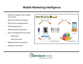 Mobile Marketing Intelligence

•   Ability to integrate with multiple
    short-codes
•   Real-time reporting interface
•   Self-service message delivery
•   QR Code generation
•   SMS keyword management
•   Opt-in management & user-flow
    -   Web-based
    -   Hand-set based
•   Mobile internet connectivity
•   Database redundancy




                                                          9
 