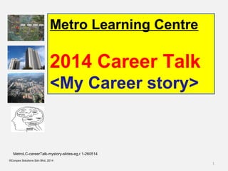 1
©Conpex Solutions Sdn Bhd, 2014
Metro Learning Centre
2014 Career Talk
<My Career story>
MetroLC-careerTalk-mystory-slides-eg,r.1-260514
 