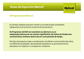 Áreas de Expertise Metroll

II) Programas de Roll-out



Os clientes varejistas precisam manter a sua rede de lojas atualizadas,
adequando-se ao aumento crescente da concorrência.

Os Programas de Roll-out consistem na abertura ou na
adequação/reforma de um número significativo de Pontos de Venda com
características similares dentro de um curto período de tempo.

Este tipo de programa exige a coordenação simultânea e sincronizada das obras,
em diferentes localidades, demandando experiência no gerenciamento de
operações com logística e cronogramas complexos.
 