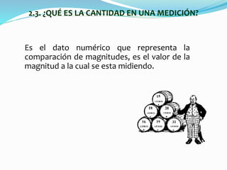 2.3. ¿QUÉ ES LA CANTIDAD EN UNA MEDICIÓN?
Es el dato numérico que representa la
comparación de magnitudes, es el valor de la
magnitud a la cual se esta midiendo.
 
