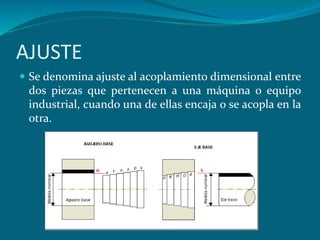 AJUSTE
 Se denomina ajuste al acoplamiento dimensional entre
dos piezas que pertenecen a una máquina o equipo
industrial, cuando una de ellas encaja o se acopla en la
otra.
 