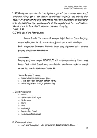 Diklat Metrologi Industri untuk Dosen
Jurusan PTM FT-UN.Malang,July 2009
“ All the operations carried out by an organ of the national service of
legal metrology (or other legally authorized organization) having the
object of ascertaining and confirming that the equipment or standard
entirely satisfies the requirements of the regulations for verification.
Verification includes both examination and stamping ”
(VML: 2.4)
C. Jenis Dan Cara Pengukuran
Dalam Standar Internasional terdapat tujuh Besaran Dasar: Panjang,
massa, waktu, arus listrik, temperature, jumlah zat, intensitas cahaya
Pada pengukuran Geometris besaran dasar yang digunakan yaitu besaran
panjang yang diberi nama meter.
Satu Meter:
Panjang yang sama dengan 1650763,73 kali panjang gelombang dalam ruang
hampa Dari radiasi (sinar) yang timbul akibat perubahan tingkatan energi
antara 2p10 dan 5d5 dari atom Kripton 86.
Syarat Besaran Standar:
o Dapat didefinisikan secara jelas
o Jelas dan tidak berubah dengan waktu
o Dapat digunakan sebagai pembanding
1. Jenis Pengukuran:
o Linier
o Sudut Dan Kemiringan
o Kedataran
o Profil
o Ulir
o Roda Gigi
o Penyetelan Posisi
o Kekasaran Permukaan
2. Macam Alat Ukur:
o Alat ukur Langsung: Hasil pengukuran dapat langsung dibaca
12
 