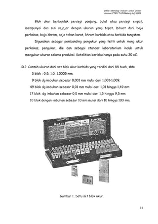 Diklat Metrologi Industri untuk Dosen
Jurusan PTM FT-UN.Malang,July 2009
Blok ukur berbentuk persegi panjang, bulat atau persegi empat,
mempunyai dua sisi sejajar dengan ukuran yang tepat. Dibuat dari baja
perkakas, baja khrom, baja tahan karat, khrom karbida atau karbida tungsten.
Digunakan sebagai pembanding pengukur yang teliti untuk meng ukur
perkakas, pengukur, die dan sebagai standar laboratorium induk untuk
mengukur ukuran selama produksi. Ketelitian berlaku hanya pada suhu 20 oC.
10.2. Contoh ukuran dari set blok ukur karbida yang terdiri dari 88 buah, sbb:
3 blok : 0,5; 1,0; 1,0005 mm.
9 blok dg imbuhan sebesar 0,001 mm mulai dari 1,001-1,009.
49 blok dg imbuhan sebesar 0,01 mm mulai dari 1,01 hingga 1,49 mm
17 blok dg imbuhan sebesar 0,5 mm mulai dari 1,5 hingga 9,5 mm
10 blok dengan imbuhan sebesar 10 mm mulai dari 10 hingga 100 mm.
Gambar 1. Satu set blok ukur.
18
 