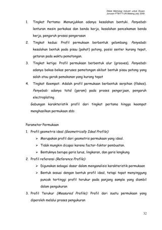 Diklat Metrologi Industri untuk Dosen
Jurusan PTM FT-UN.Malang,July 2009
1. Tingkat Pertama: Menunjukkan adanya kesalahan bentuki. Penyebab:
lenturan mesin perkakas dan benda kerja, kesalahan pencekaman benda
kerja, pengaruh proses pengerasan
2. Tingkat kedua: Profil permukaan berbentuk gelombang. Penyebab:
kesalahan bentuk pada pisau (pahat) potong, posisi senter kurang tepat,
getaran pada waktu pemotongan.
3. Tingkat ketiga: Profil permukaan berbentuk alur (grooves). Penyebab:
adanya bekas-bekas peruses pemotongan akibat bentuk pisau potong yang
salah atau gerak pemakanan yang kurang tepat
4. Tingkat Keempat: Adalah profil permukaan berbentuk serpihan (flakes).
Penyebab: adanya tatal (geram) pada proses pengerjaan, pengaruh
electroplating
Gabungan karakteristik profil dari tingkat pertama hingga keempat
menghasilkan permukaan sbb:
Parameter Permukaan
1. Profil geometris ideal (Geometrically Ideal Profile):
 Merupakan profil dari geometris permukaan yang ideal.
 Tidak mungkin dicapai karena factor-faktor pembuatan.
 Bentuknya berupa garis lurus, lingkaran, dan garis lengkung
2. Profil referensi (Reference Profile):
 Digunakan sebagai dasar dalam menganalisis karakteristik permukaan
 Bentuk sesuai dengan bentuk profil ideal, tetapi tepat menyinggung
puncak tertinggi profil terukur pada panjang sample yang diambil
dalam pengukuran
3. Profil Terukur (Measured Profile): Profil dari suatu permukaan yang
diperoleh melalui proses pengukuran
32
 