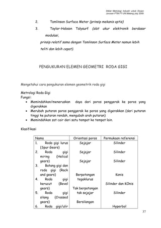 Diklat Metrologi Industri untuk Dosen
Jurusan PTM FT-UN.Malang,July 2009
2. Tomlinson Surface Meter (prinsip mekanis optis)
3. Taylor-Hobson Talysurf (alat ukur elektronik berdasar
modulasi,
prinsip relatif sama dengan Tomlinson Surface Meter namun lebih
teliti dan lebih cepat).
PENGUKURAN ELEMEN GEOMETRI RODA GIGI
Mengetahui cara pengukuran elemen geometrik roda gigi
Metrologi Roda Gigi
Fungsi:
• Memindahkan/meneruskan daya dari poros penggerak ke poros yang
digerakkan
• Merubah putaran poros penggerak ke poros yang digerakkan (dari putaran
tinggi ke putaran rendah, mengubah arah putaran)
• Memindahkan zat cair dari satu tempat ke tempat lain.
Klasifikasi
Nama Orientasi poros Permukaan referensi
1. Roda gigi lurus
(Spur Gears)
2. Roda gigi
miring (Helical
gears)
3. Batang gigi dan
roda gigi (Rack
and gears)
4. Roda gigi
kerucut (Bevel
gears)
5. Roda gigi
silang (Crossed
gears)
6. Roda gigi/ulir
Sejajar
Sejajar
Sejajar
Berpotongan
tegaklurus
Tak berpotongan
tak sejajar
Bersilangan
Silinder
Silinder
Silinder
Konis
Silinder dan KOnis
Silinder
Hyperbol
37
 