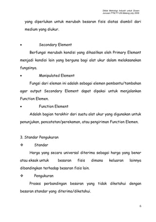 Diklat Metrologi Industri untuk Dosen
Jurusan PTM FT-UN.Malang,July 2009
yang diperlukan untuk merubah besaran fisis diatas diambil dari
medium yang diukur.
• Secondary Element
Berfungsi merubah kondisi yang dihasilkan oleh Primary Elemant
menjadi kondisi lain yang berguna bagi alat ukur dalam melaksanakan
fungsinya.
• Manipulated Element
Fungsi dari eleman ini adalah sebagai elemen pembantu/tambahan
agar output Secondary Element dapat dipakai untuk menjalankan
Function Elemen.
• Function Element
Adalah bagian terakhir dari suatu alat ukur yang digunakan untuk
penunjukan, pencatatan/perekaman, atau pengiriman Function Elemen.
3. Standar Pengukuran
 Standar
Harga yang secara universal diterima sebagai harga yang benar
atau eksak untuk besaran fisis dimana keluaran lainnya
dibandingkan terhadap besaran fisis lain.
 Pengukuran
Proses perbandingan besaran yang tidak diketahui dengan
besaran standar yang diterima/diketahui.
6
 
