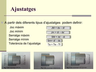 Ajustatges A partir dels diferents tipus d’ajustatges  podem definir: Joc màxim Joc mínim Serratge màxim Serratge mínim Tolerància de l’ajustatge JM = ds – di’ Jm = di – ds’ SM = ds’ - di Ta = Te - Tf Sm= di’ - ds 