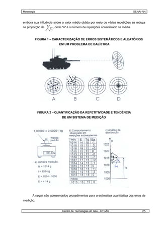 Metrologia                                                                          SENAI-RN



embora sua influência sobre o valor médio obtido por meio de várias repetições se reduza
na proporção de 1       , onde "n" é o número de repetições considerado na média.
                    n


         FIGURA 1 – CARACTERIZAÇÃO DE ERROS SISTEMÁTICOS E ALEATÓRIOS
                            EM UM PROBLEMA DE BALÍSTICA




             FIGURA 2 – QUANTIFICAÇÃO DA REPETITIVIDADE E TENDÊNCIA
                              DE UM SISTEMA DE MEDIÇÃO




       A seguir são apresentados procedimentos para a estimativa quantitativa dos erros de
medição.


                              Centro de Tecnologias do Gás - CTGÁS                       25
 
