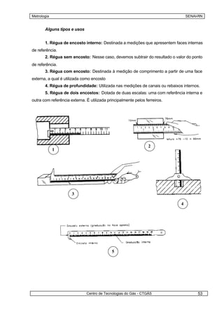 Metrologia                                                                       SENAI-RN


       Alguns tipos e usos


       1. Régua de encosto interno: Destinada a medições que apresentem faces internas
de referência.
       2. Régua sem encosto: Nesse caso, devemos subtrair do resultado o valor do ponto
de referência.
       3. Régua com encosto: Destinada à medição de comprimento a partir de uma face
externa, a qual é utilizada como encosto
       4. Régua de profundidade: Utilizada nas medições de canais ou rebaixos internos.
       5. Régua de dois encostos: Dotada de duas escalas: uma com referência interna e
outra com referência externa. É utilizada principalmente pelos ferreiros.




                                                                 2
             1




                      3

                                                                             4




                                            5




                              Centro de Tecnologias do Gás - CTGÁS                    53
 