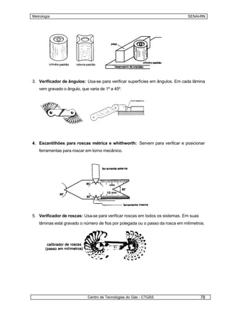 Metrologia                                                                     SENAI-RN




3. Verificador de ângulos: Usa-se para verificar superfícies em ângulos. Em cada lâmina
   vem gravado o ângulo, que varia de 1º a 45º.




4. Escantilhões para roscas métrica e whithworth: Servem para verificar e posicionar
   ferramentas para roscar em torno mecânico.




5. Verificador de roscas: Usa-se para verificar roscas em todos os sistemas. Em suas
   lâminas está gravado o número de fios por polegada ou o passo da rosca em milímetros.




                            Centro de Tecnologias do Gás - CTGÁS                       78
 
