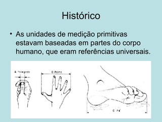 Histórico As unidades de medição primitivas estavam baseadas em partes do corpo humano, que eram referências universais. 