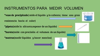 INSTRUMENTOS PARA MEDIR VOLUMEN
*vaso de precipitado( mide el líquido y lo calienta; tiene una gran
resistencia hacia el calor)
*pipeta(mide la alícuota;espesor de un líquido)
*bureta(mide con precisión el volumen de un líquido)
*matraz(medir líquidos y hacer mezclas)
 