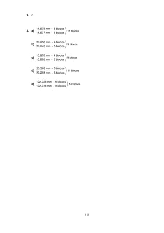111
2. c
3. a)
14,579 mm - 5 blocos
14,577 mm - 6 blocos
11 blocos
b)
23,250 mm - 4 blocos
23,245 mm - 5 blocos
9 blocos
c)
10,870 mm - 4 blocos
10,865 mm - 5 blocos
9 blocos
d)
23,283 mm - 5 blocos
23,281 mm - 6 blocos
11 blocos
e)
102,328 mm - 6 blocos
102,318 mm - 8 blocos
14 blocos
 