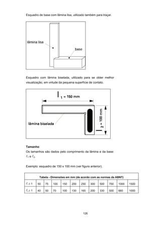 126
Esquadro de base com lâmina lisa, utilizado também para traçar.
Esquadro com lâmina biselada, utilizado para se obter melhor
visualização, em virtude da pequena superfície de contato.
Tamanho
Os tamanhos são dados pelo comprimento da lâmina e da base:
l1 e l2.
Exemplo: esquadro de 150 x 100 mm (ver figura anterior).
Tabela - Dimensões em mm (de acordo com as normas da ABNT)
l1 ± 1 50 75 100 150 200 250 300 500 750 1000 1500
l2 ± 1 40 50 70 100 130 165 200 330 500 660 1000
 