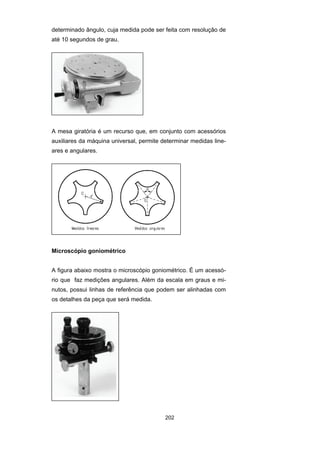 202
determinado ângulo, cuja medida pode ser feita com resolução de
até 10 segundos de grau.
A mesa giratória é um recurso que, em conjunto com acessórios
auxiliares da máquina universal, permite determinar medidas line-
ares e angulares.
Microscópio goniométrico
A figura abaixo mostra o microscópio goniométrico. É um acessó-
rio que faz medições angulares. Além da escala em graus e mi-
nutos, possui linhas de referência que podem ser alinhadas com
os detalhes da peça que será medida.
 