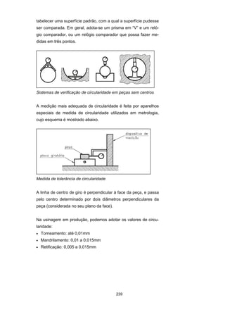239
tabelecer uma superfície padrão, com a qual a superfície pudesse
ser comparada. Em geral, adota-se um prisma em “V” e um reló-
gio comparador, ou um relógio comparador que possa fazer me-
didas em três pontos.
Sistemas de verificação de circularidade em peças sem centros
A medição mais adequada de circularidade é feita por aparelhos
especiais de medida de circularidade utilizados em metrologia,
cujo esquema é mostrado abaixo.
Medida de tolerância de circularidade
A linha de centro de giro é perpendicular à face da peça, e passa
pelo centro determinado por dois diâmetros perpendiculares da
peça (considerada no seu plano da face).
Na usinagem em produção, podemos adotar os valores de circu-
laridade:
• Torneamento: até 0,01mm
• Mandrilamento: 0,01 a 0,015mm
• Retificação: 0,005 a 0,015mm
 