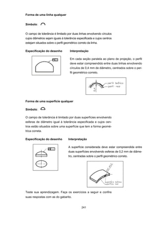 241
Forma de uma linha qualquer
Símbolo:
O campo de tolerância é limitado por duas linhas envolvendo círculos
cujos diâmetros sejam iguais à tolerância especificada e cujos centros
estejam situados sobre o perfil geométrico correto da linha.
Especificação do desenho Interpretação
Em cada seção paralela ao plano de projeção, o perfil
deve estar compreendido entre duas linhas envolvendo
círculos de 0,4 mm de diâmetro, centrados sobre o per-
fil geométrico correto.
Forma de uma superfície qualquer
Símbolo:
O campo de tolerância é limitado por duas superfícies envolvendo
esferas de diâmetro igual à tolerância especificada e cujos cen-
tros estão situados sobre uma superfície que tem a forma geomé-
trica correta.
Especificação do desenho Interpretação
A superfície considerada deve estar compreendida entre
duas superfícies envolvendo esferas de 0,2 mm de diâme-
tro, centradas sobre o perfil geométrico correto.
Teste sua aprendizagem. Faça os exercícios a seguir e confira
suas respostas com as do gabarito.
 