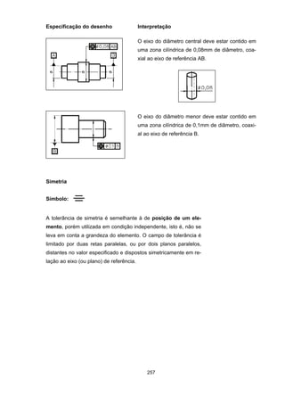 257
Especificação do desenho Interpretação
O eixo do diâmetro central deve estar contido em
uma zona cilíndrica de 0,08mm de diâmetro, coa-
xial ao eixo de referência AB.
O eixo do diâmetro menor deve estar contido em
uma zona cilíndrica de 0,1mm de diâmetro, coaxi-
al ao eixo de referência B.
Simetria
Símbolo:
A tolerância de simetria é semelhante à de posição de um ele-
mento, porém utilizada em condição independente, isto é, não se
leva em conta a grandeza do elemento. O campo de tolerância é
limitado por duas retas paralelas, ou por dois planos paralelos,
distantes no valor especificado e dispostos simetricamente em re-
lação ao eixo (ou plano) de referência.
 