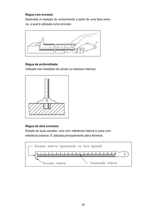 26
Régua com encosto
Destinada à medição de comprimento a partir de uma face exter-
na, a qual é utilizada como encosto.
Régua de profundidade
Utilizada nas medições de canais ou rebaixos internos.
Régua de dois encostos
Dotada de duas escalas: uma com referência interna e outra com
referência externa. É utilizada principalmente pelos ferreiros.
 