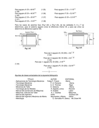 Para agujero A: DI = 64 N0,5
(1.35) Para agujero E: DI = 11 N0,41
(1.39)
Para agujero B: DI = 40 N0,48
(1.36) Para agujero F: DI = 5,5 N0,41
(1.40)
Para agujero C: DI = 25 N0,40
(1.37) Para agujero G: DI = 2,5 N0,34
(1.41)
Para agujero D: DI = 16 N0,44
(1.38)
Para los casos de asientos fijos (Fig.1.42) y (Fig.1.43), de las calidades 5, 6 y 7 se
determinan, para el sistema agujero único la diferencia inferior DI, y para eje único se
determina la diferencia superior DS.
Para eje k (agujero K): DI (DS) = 0,6
3
N
(1.42)
Para eje m (agujero M): DI (DS) = 2,8
3
N
(1.43)
Para eje n (agujero N): DI (DS) = 5 N0,34
(1.44)
Para eje p (agujero P): DI (DS) = 5,6 N0,41
(1.45)
----------- () ------------
Apuntes de clases extractados de la siguiente bibliografía
TÍTULO AUTOR EDITORIAL
- Aplicaciones de Tecnología Mecánica Felipe F. Freyre Alsina
- Tecnología Mecánica P. A. Pezzano Alsina
- Tecnología Mecánica C. E. Thomas Nigar
- Mecánica de Taller E. Solsona Alsina
- Tecnología de los Metales H. Appold y otros Reverté
- Manual del Constructor de Máquinas H. Dubbel Labor
- Máquinas, Cálculos de Taller A. L. Casillas Máquinas
- Manual del Ingeniero Hütte Gustavo Gili
- Manual del Ingeniero Mecánico de Marks Baumeister y Marks Uteha
- Metrología C. González-R. Zeleny Mc Graw Hill
 