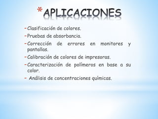 *
-Clasificación de colores.
-Pruebas de absorbancia.
-Corrección de errores en monitores y
pantallas.
-Calibración de colores de impresoras.
-Caracterización de polímeros en base a su
color.
- Análisis de concentraciones químicas.
 